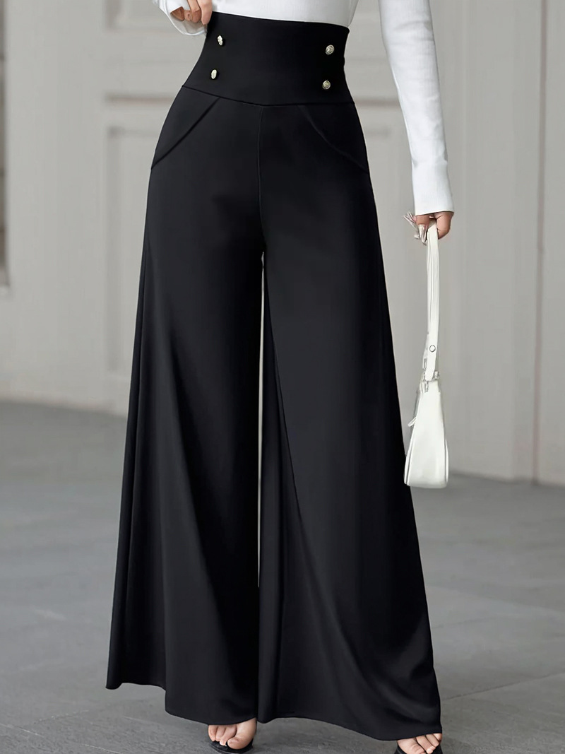 European and American Cross-Border Women's Minimalist Elegant High-Waisted Tummy Control Black Wide-Leg Pants with Pockets Suitable for Work Office Attire