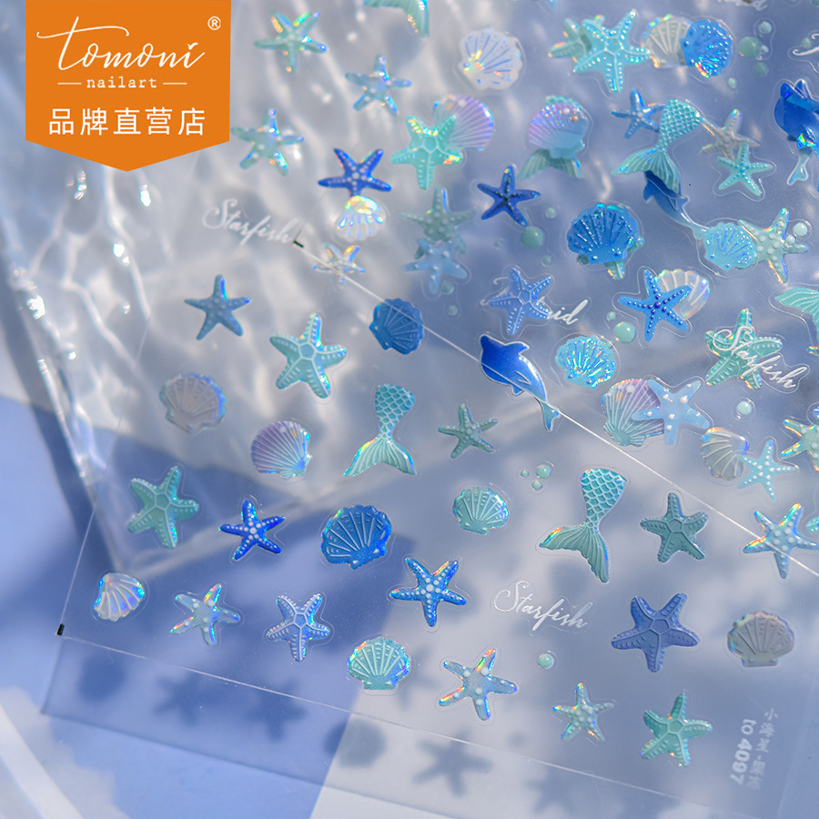 Tomoni Jelly Nail Art Stickers Gradient Blue Fantasy Scales Shell Pattern Nail Stickers Small Starfish Date Stickers