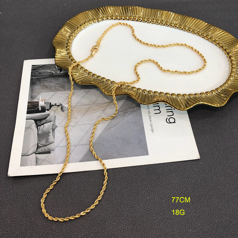 Electroplated Real Gold Modern High-end Twist Chain Plain Gold Necklace Rope Chain Necklace Simple All-match Elegant Sweater Chain