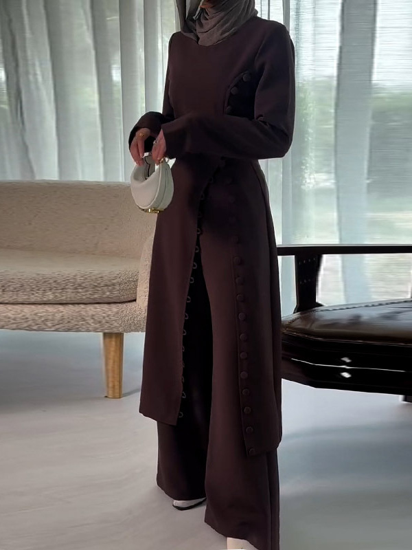 2025 Autumn New European and American Cross-Border Women's Clothing Solid Color Elegant Simple Style Comfortable Robe + Wide-Leg Pants Two-Piece Set