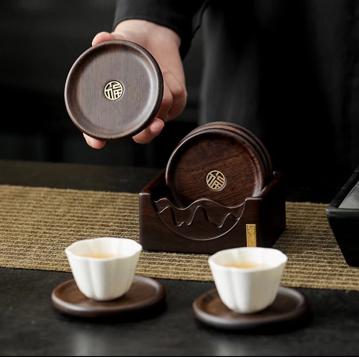 Ebony Solid Wood Tea Cup Mat Home Retro Kung Fu Tea Cup Holder Heat Mat Light Luxury High-end Cup Holder Tea Ceremony Accessories Thickened