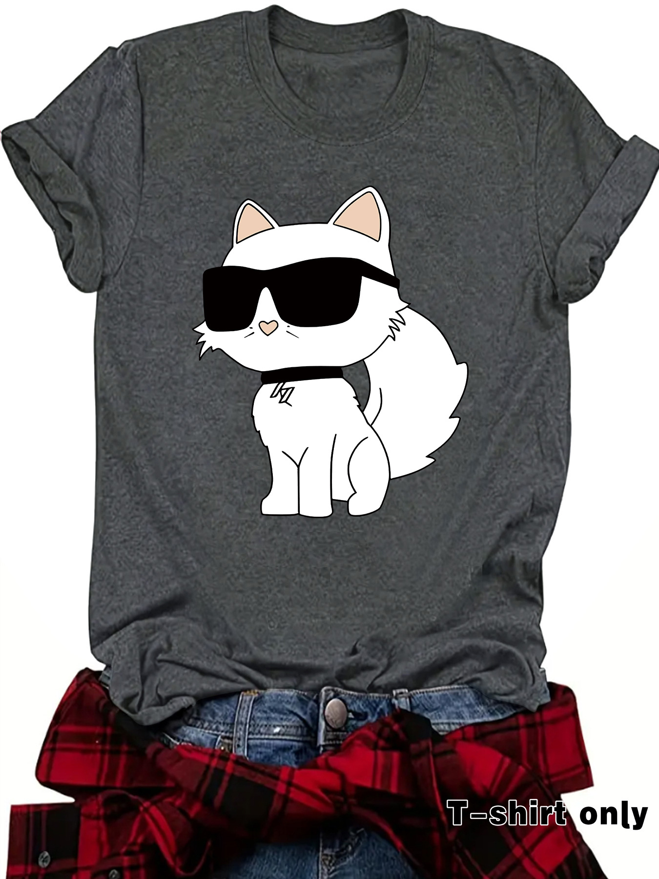 European and American Cross-Border Fashion T-Shirt Short-Sleeved Women's White Sunglasses Cat Summer New Short-Sleeved T-Shirt Women's Spot Export Hot Sale