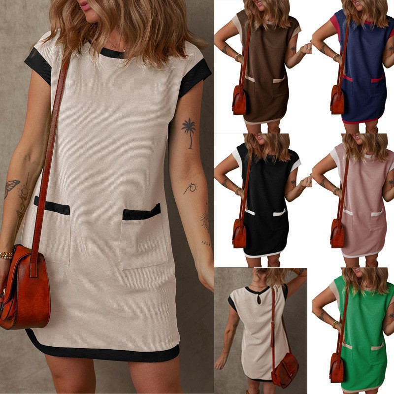 2026 Spring/Summer European and American Cross-Border Foreign Trade Pullover Pocket Cap Sleeve Color-Block Straight T-Shirt Mini Dress for Women