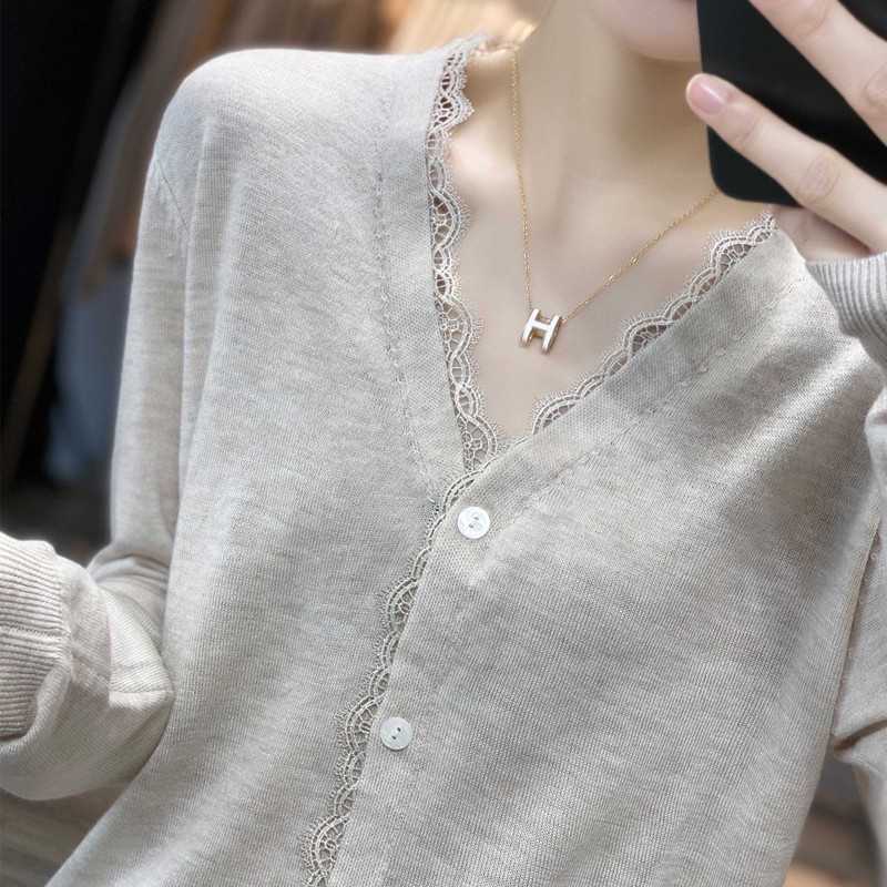 Autumn V Neck Imitation Wool Knitted Sweater Women's Lace Pure Color Fashion Top Slim Knitted Cardigan Jacket