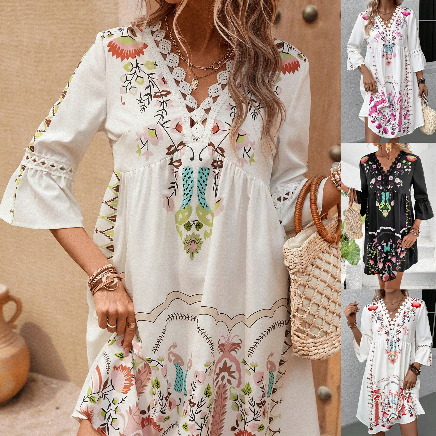 2024 Cross-Border European and American Clothing Amazon Shein Export Clothes Bohemian Trumpet Sleeve Printed Dress