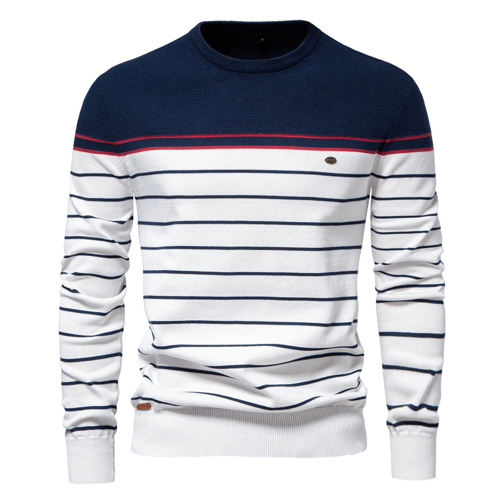 2024 autumn and winter new striped color matching long sleeve men's sweater fashion round neck men's casual sweater