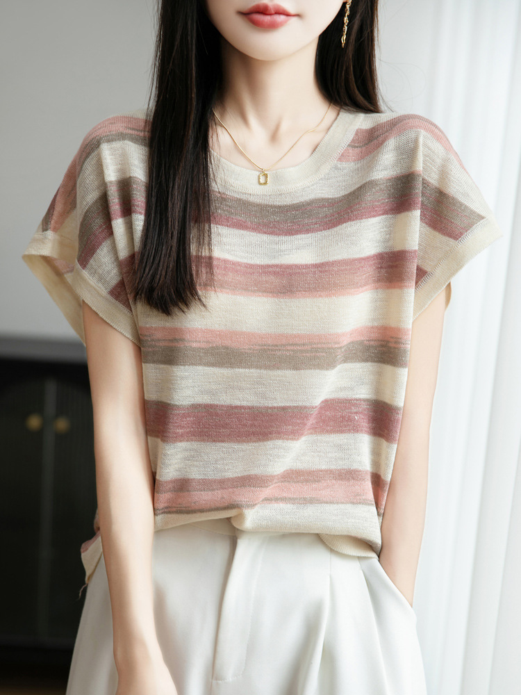 Bamboo Linen Round Neck Color-Blocked Small Flying Sleeve Top Simple and Versatile 25 Summer New Thin Short-Sleeved Women's T-Shirt