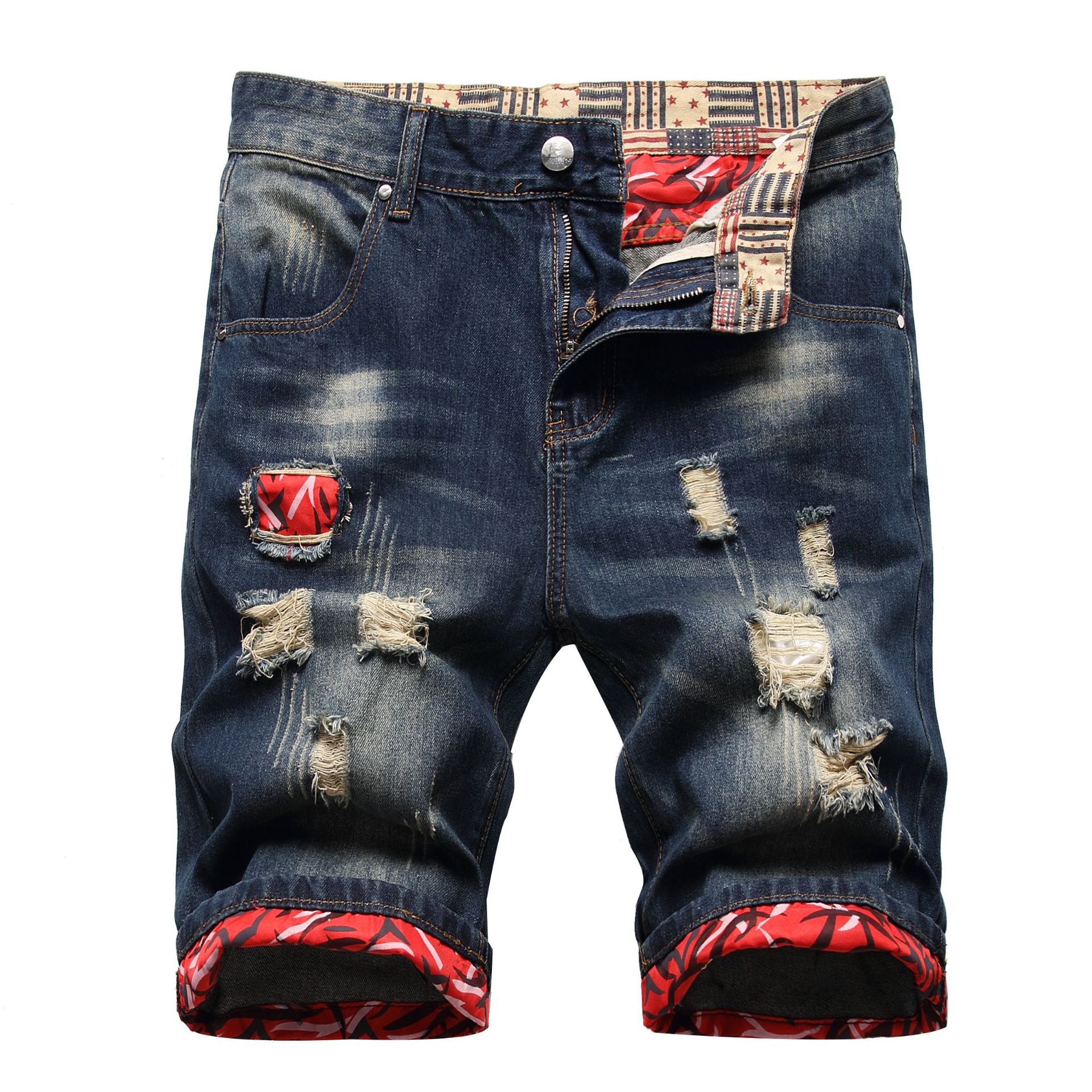 European and American Fashionable Summer Ripped Inner Embroidered Cloth Cuff Color Matching Foldable Nostalgic Color Straight Denim Pants