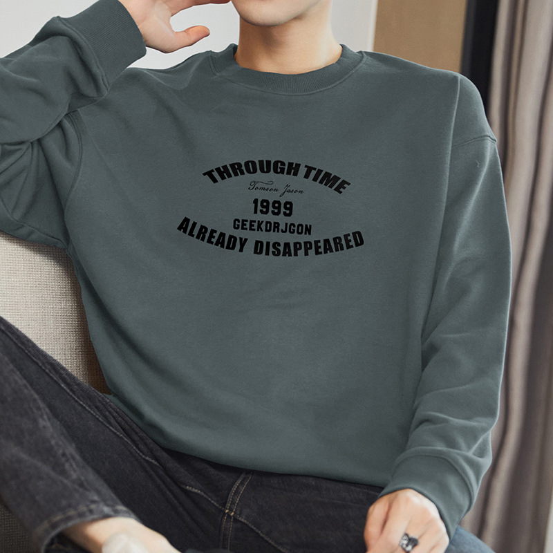 320g Heavyweight Sweatshirt for Men 2026 New Trendy Printed Top Round Neck Fleece-Lined Warm Pullover Long-Sleeve T-Shirt