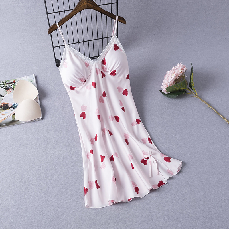 2024 New Spring and Autum Cute Printed Suspender Pajamas for Women, Ice Silk Thin Style with Breast Pads, Simulated Silk Home Clothes