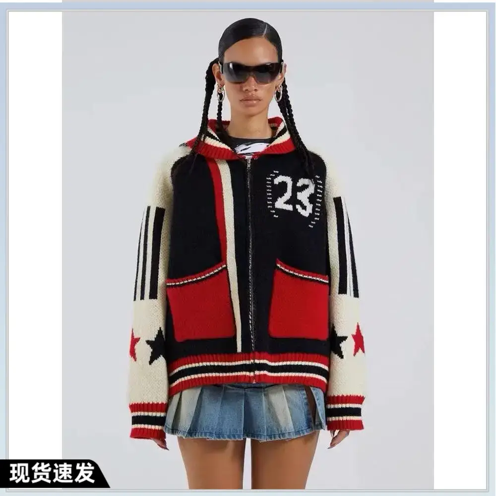 Jaded London Five-Pointed Star Jacquard American Retro Loose Zipper Street Long Sweater Cardigan Jacket for Women