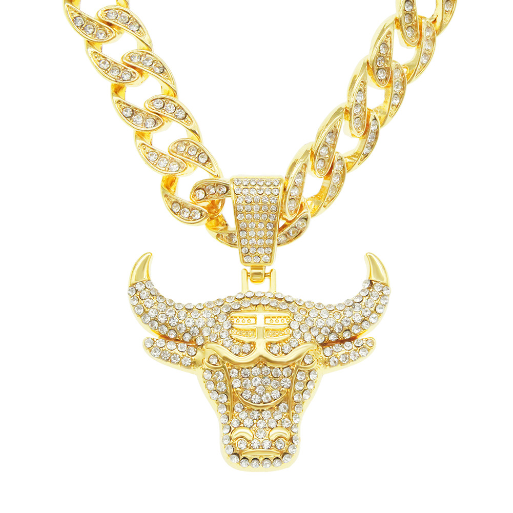 European and American Hip-Hop Three-Dimensional Diamond-encrusted Cow's Head Pendant Cuban Chain Big Gold Chain Cool Punk Trendy Wear Necklace