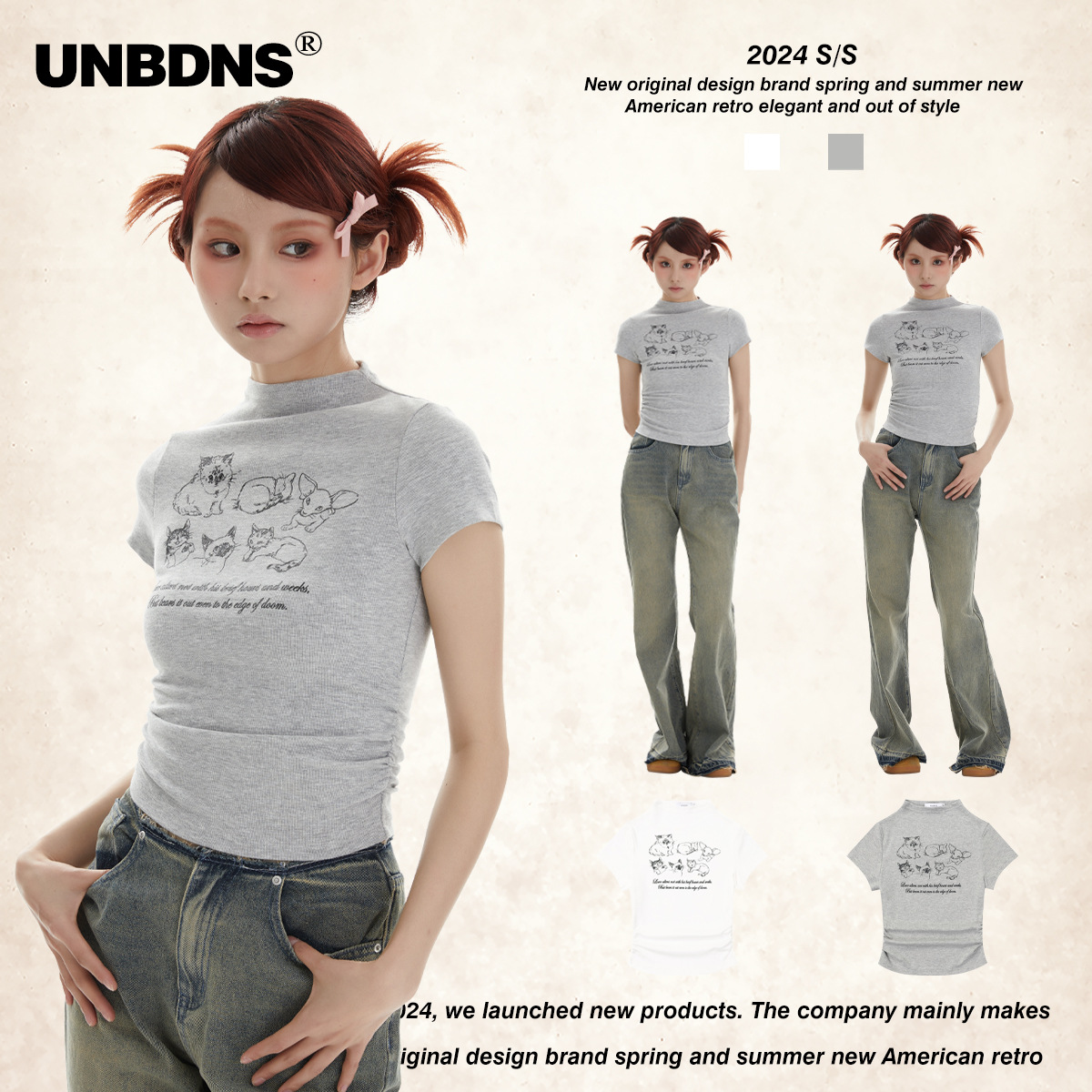 UNBDNS American Style Fun Cat Printed Half-high Collar Short-sleeved T-shirt Women's Spice Girls Casual All-match Slim-fit Short Top