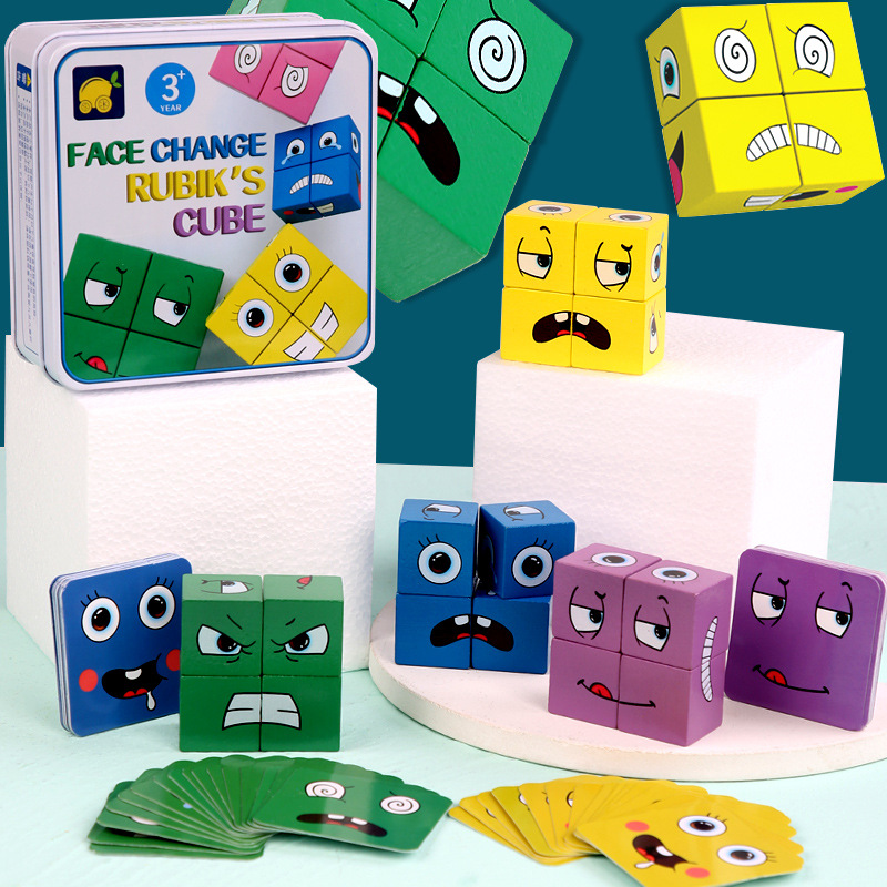 Face-changing Rubik's Cube expression building blocks puzzle children's educational early education kindergarten parent-child interactive game wooden toys