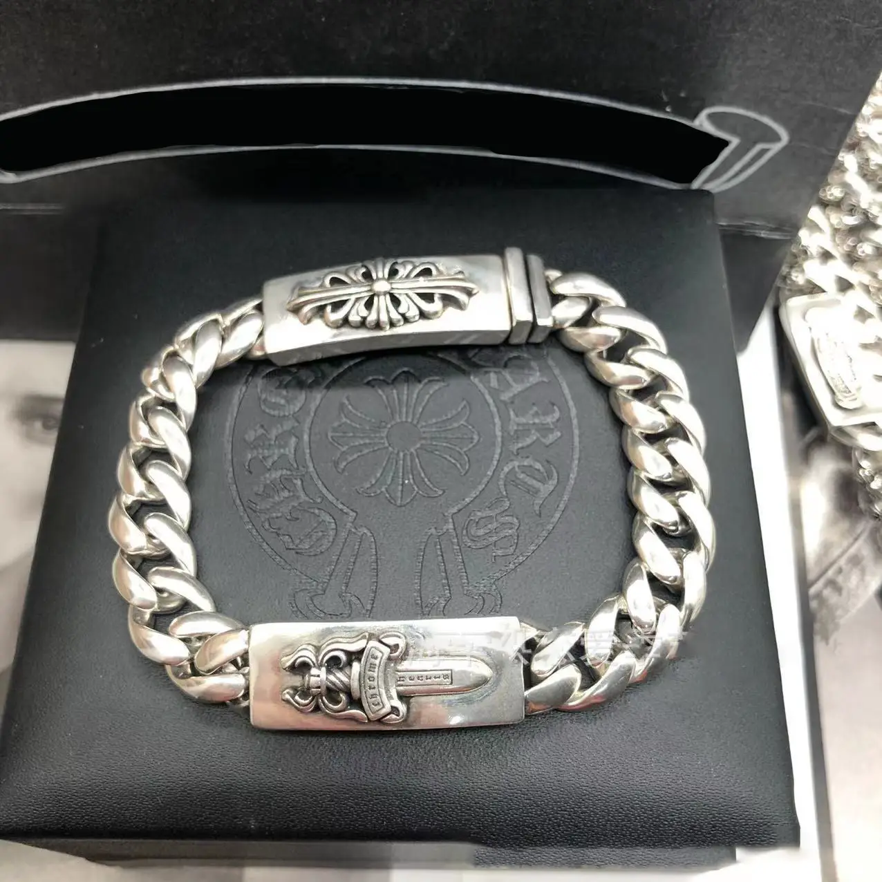 925 Silver Cross Holy Sword Men's Bracelet with Insert Buckle, Thick Heavy-Duty Trendy Cuban Bracelet for Men, Bold and Masculine