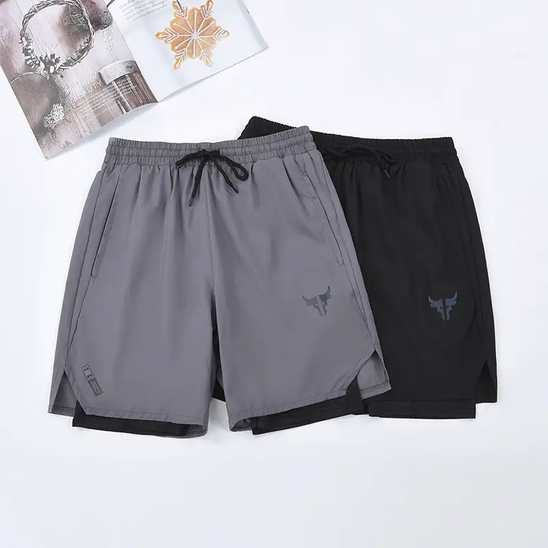 Wholesale in stock ice silk stretch quick-drying pants men's summer fake two-piece liner training shorts fitness running pants