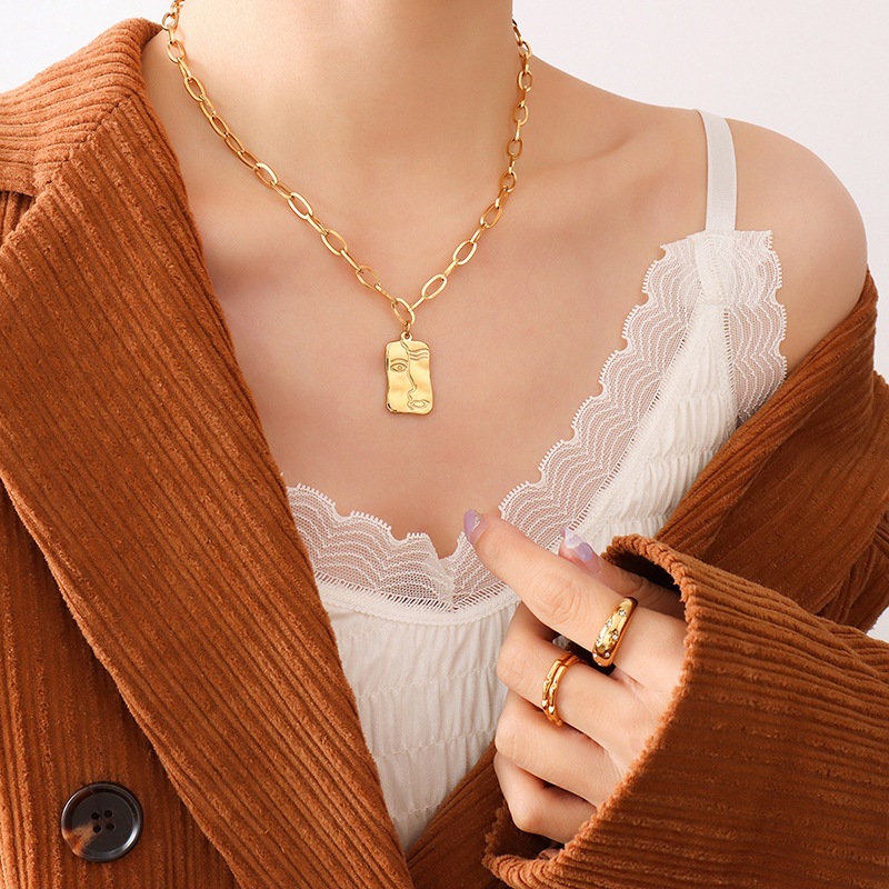 Cross-border hot-selling irregular portrait square pendant necklace men and women European and American hip-hop titanium steel gold-plated cross chain