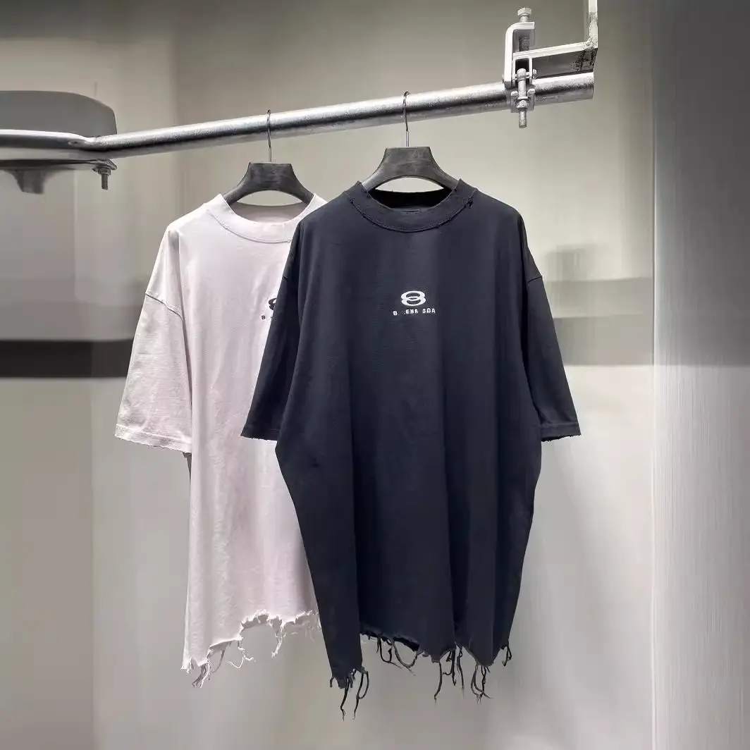 Foreign trade cross-border 2024 summer new Paris B double-ring LOGO embroidery hem pick men's and women's short-sleeved T-shirt