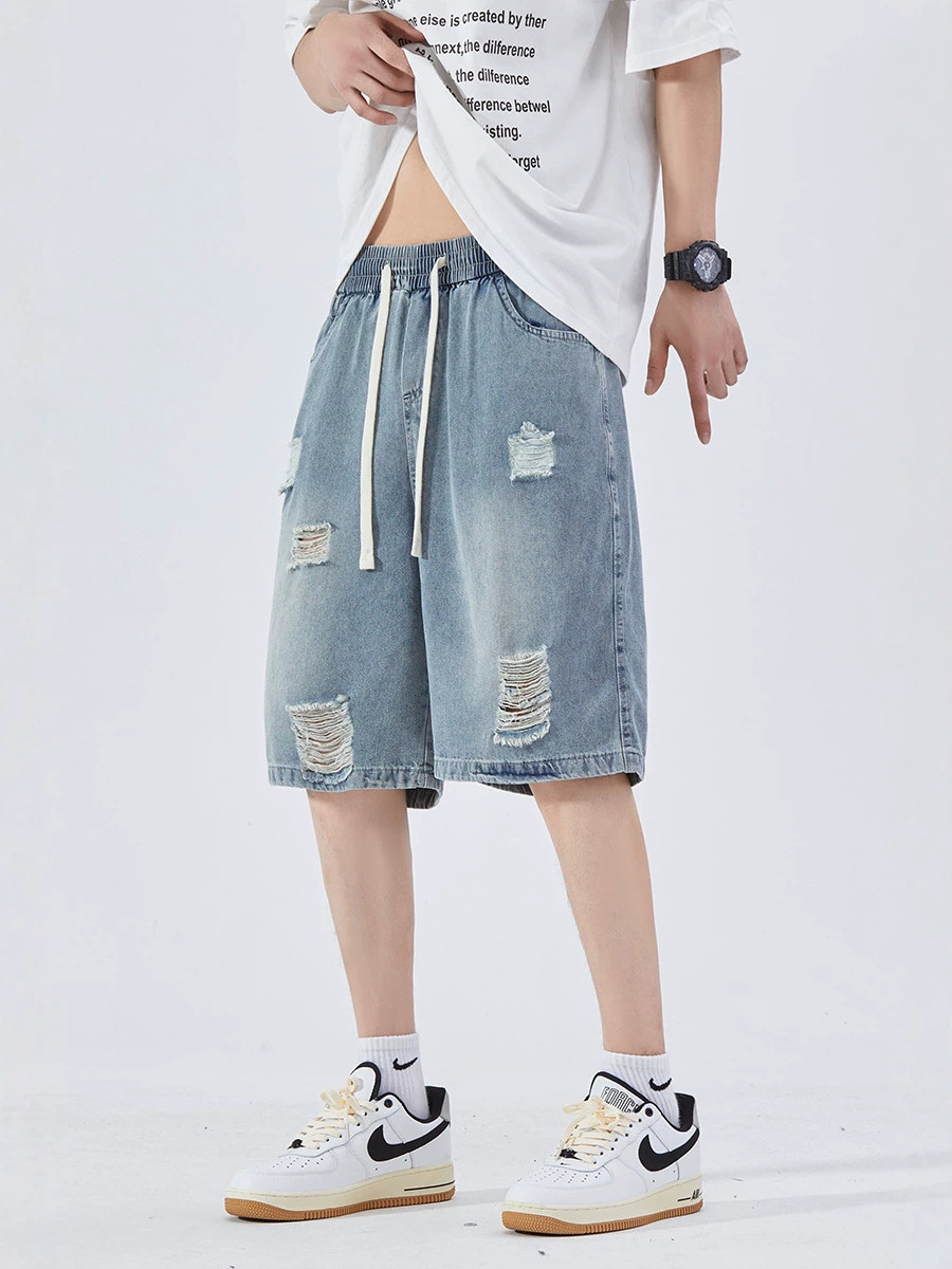 Summer Ripped Denim Shorts for Boys Aged 12-15, Thin Style, Knee-Length