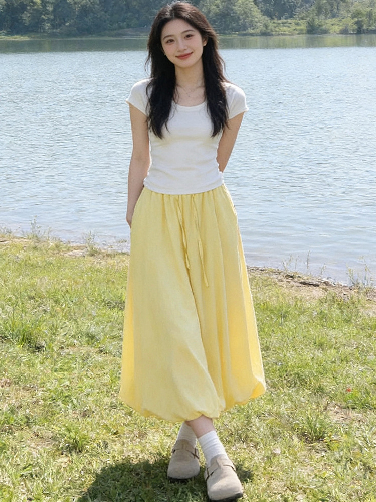 Yellow Floral Half-Skirt with Lining, Summer Lantern Skirt, Gentle Style, High-Waisted A-Line Puffy Skirt for Petite Women