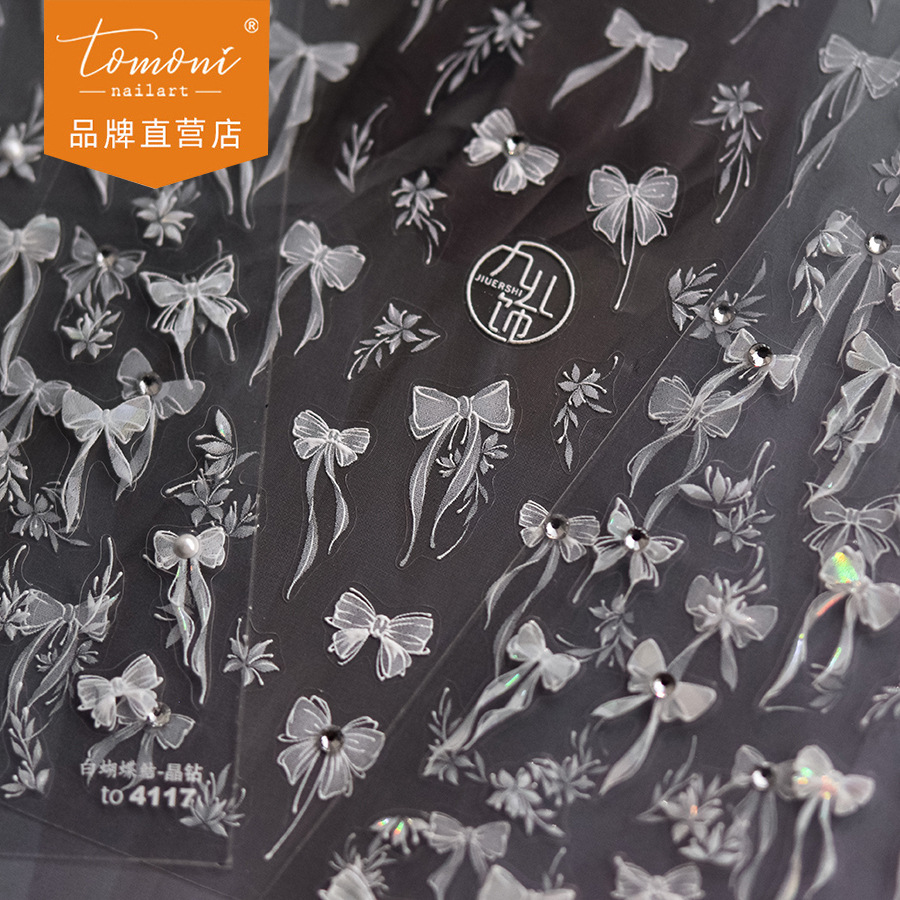 Tomoni Crystal Diamond Manicure Stickers White Elegant Fresh Streamer Nail Stickers Long Bow Stickers Manufacturer Wholesale