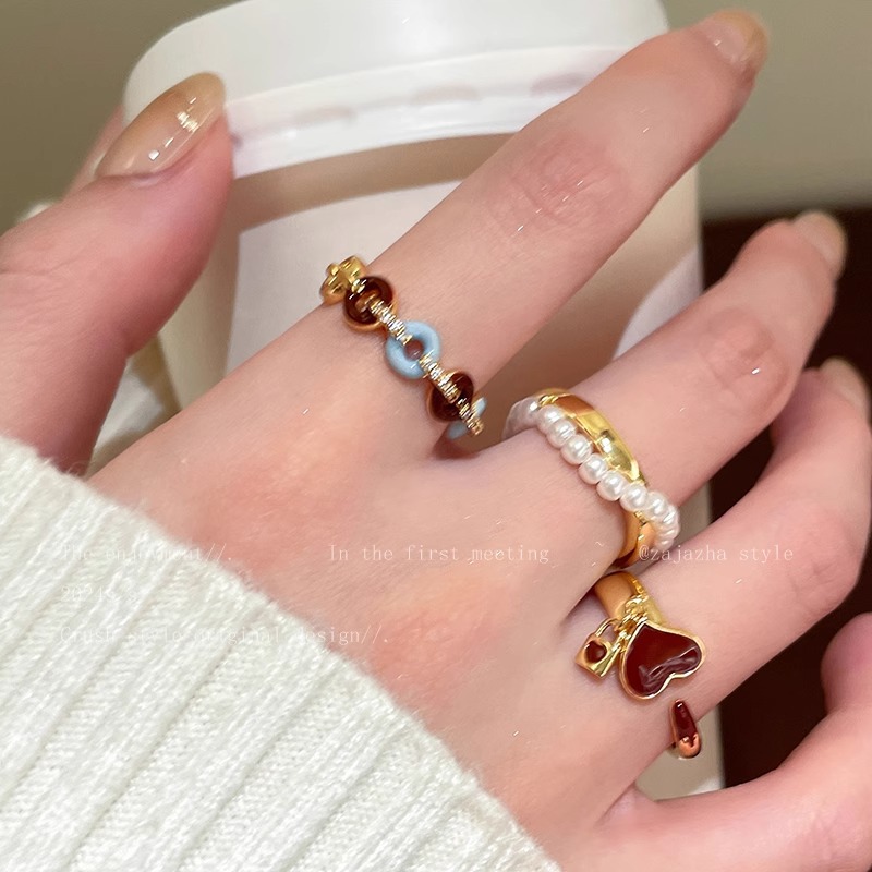 Vintage Drip-Glazed Wine Red Ring, Korean-Style Ins Light Luxury High-End Adjustable Pearl Women's Niche Jewelry Design