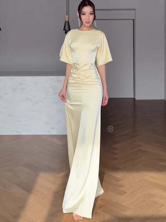 2026 New European and American Amazon Cross-Border Foreign Trade Women's Clothing Round Neck Pleated Slim Elegant Solid Color Fashion Long Dress