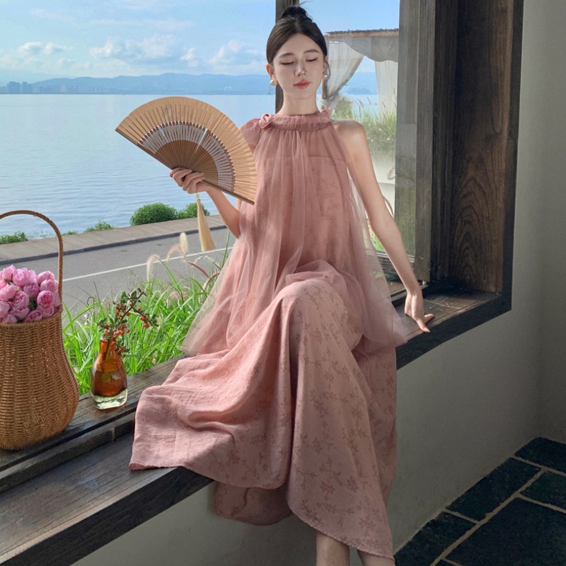 Light Raspberry Pink Jacquard Mesh Halter Fake Two-piece Dressing Gown Skirt Fairy Style Beach Dress Long Skirt Elegant