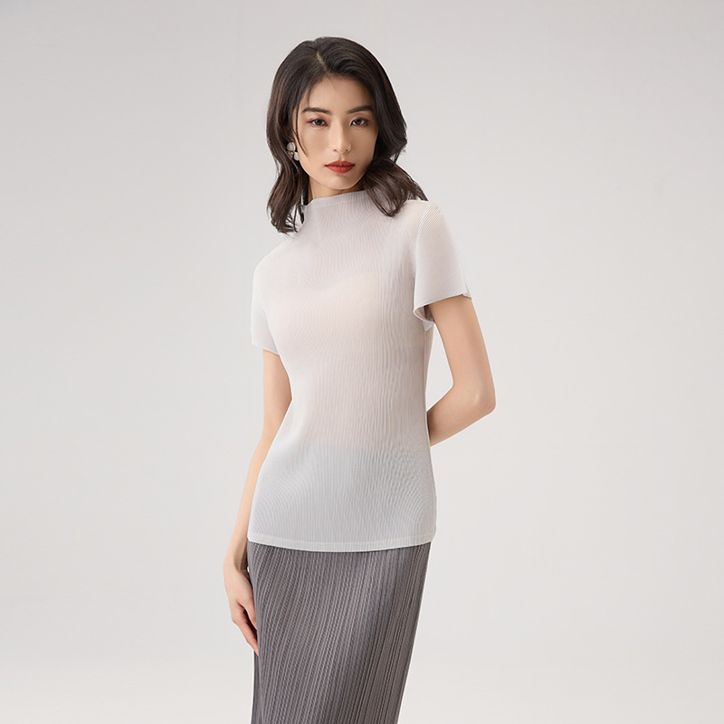 2025 Summer Elegant Short-Sleeved T-Shirt Women's Half Turtleneck Pure Color Loose Slimming Look Work Clothing Versatile Pleated Top Shirt