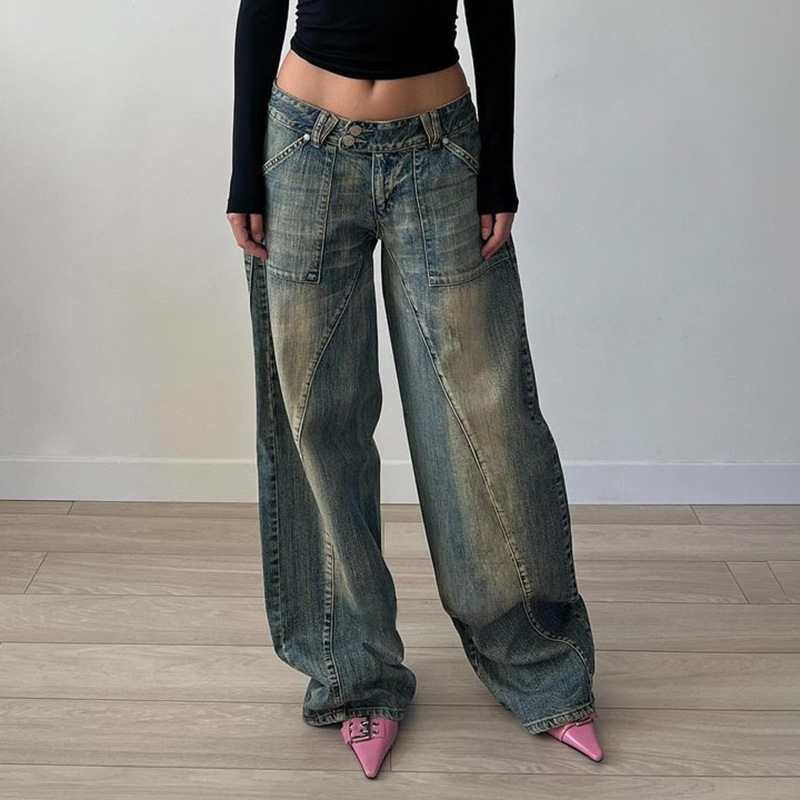 American Retro Heavy-Duty Washed Splicing Low-Waist Jeans for Women Amazon Aliexpress Cross-Border Loose Casual Trousers