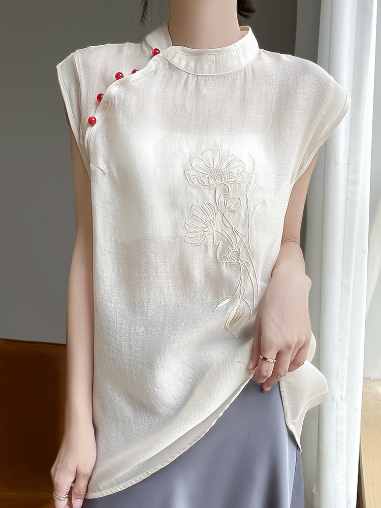 New Chinese Style Vintage Collar T-shirt Organza Embroidered Shirt Top Summer New Sleeveless Inner Cheongsam Vest