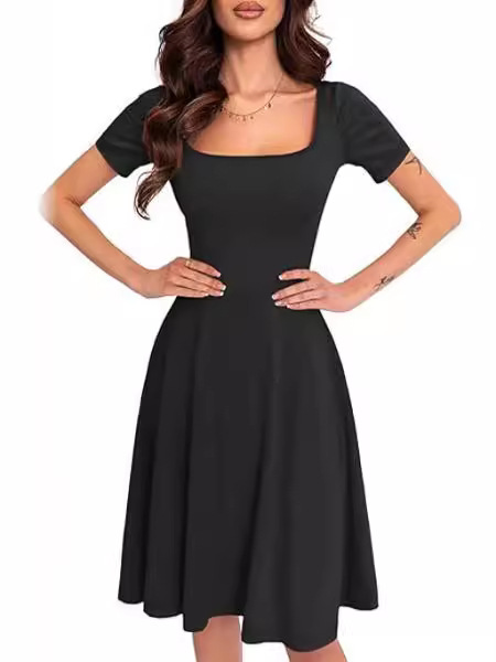 Cross-border European and American women's summer square collar dress short sleeve high waist horn mini A- line skirt with pocket wholesale