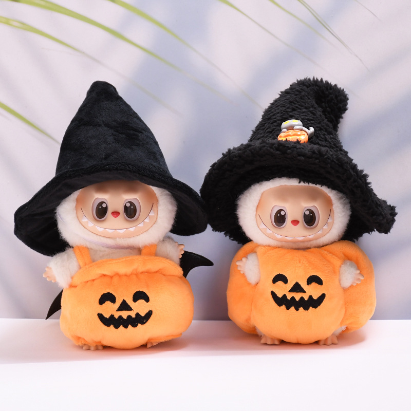 Only Doll Clothes】17Cm First and Second Generation Labubu Pendant Halloween Pumpkin Costume Black Hat Doll Clothes Vinyl Doll