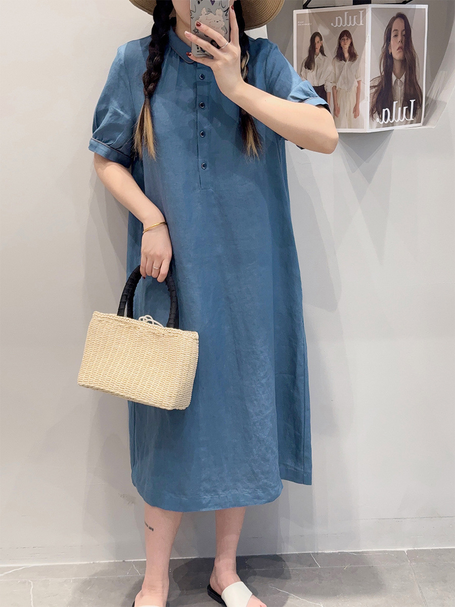 Sumachi Xia Xin Linen Dress Loose Slim Cuffs Contrast Color Commuting Versatile Dress
