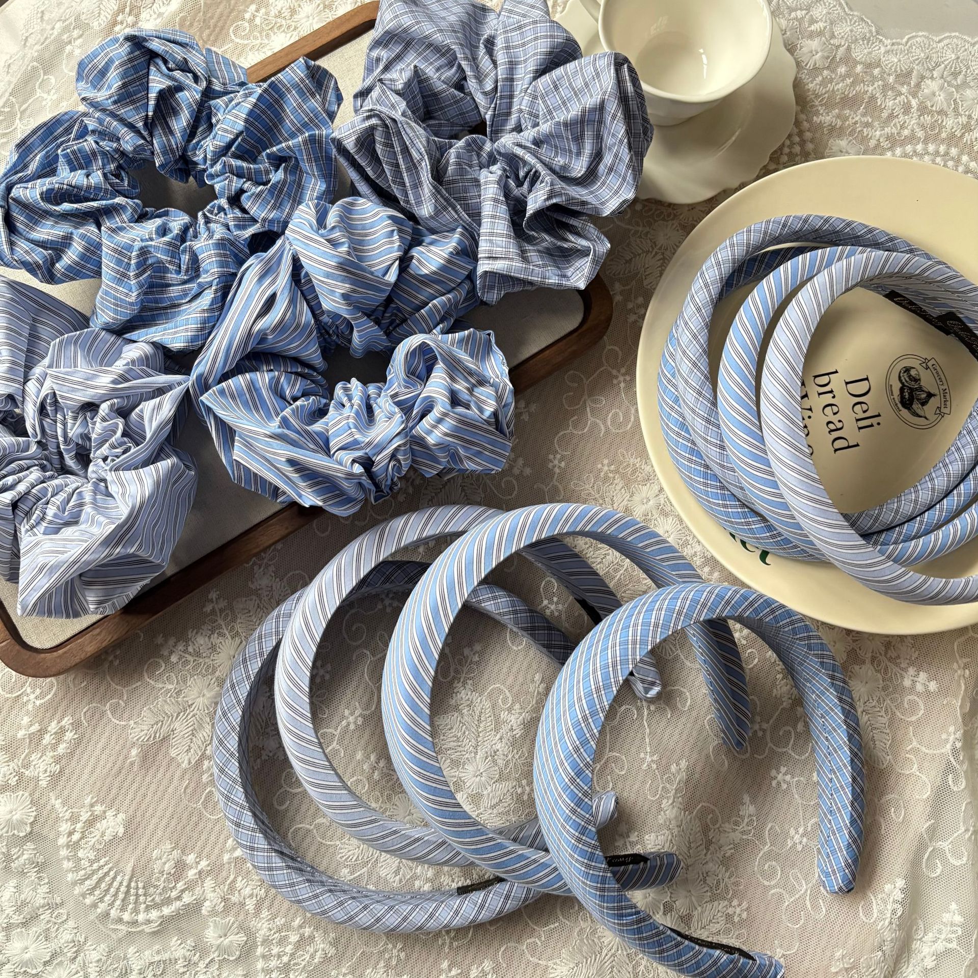 Korean Department Simple College Style Pattern Large Intestine Hair Ring ~ Small Fresh Blue Hair Band Temperament High Cranial Top Headband Hair Accessories