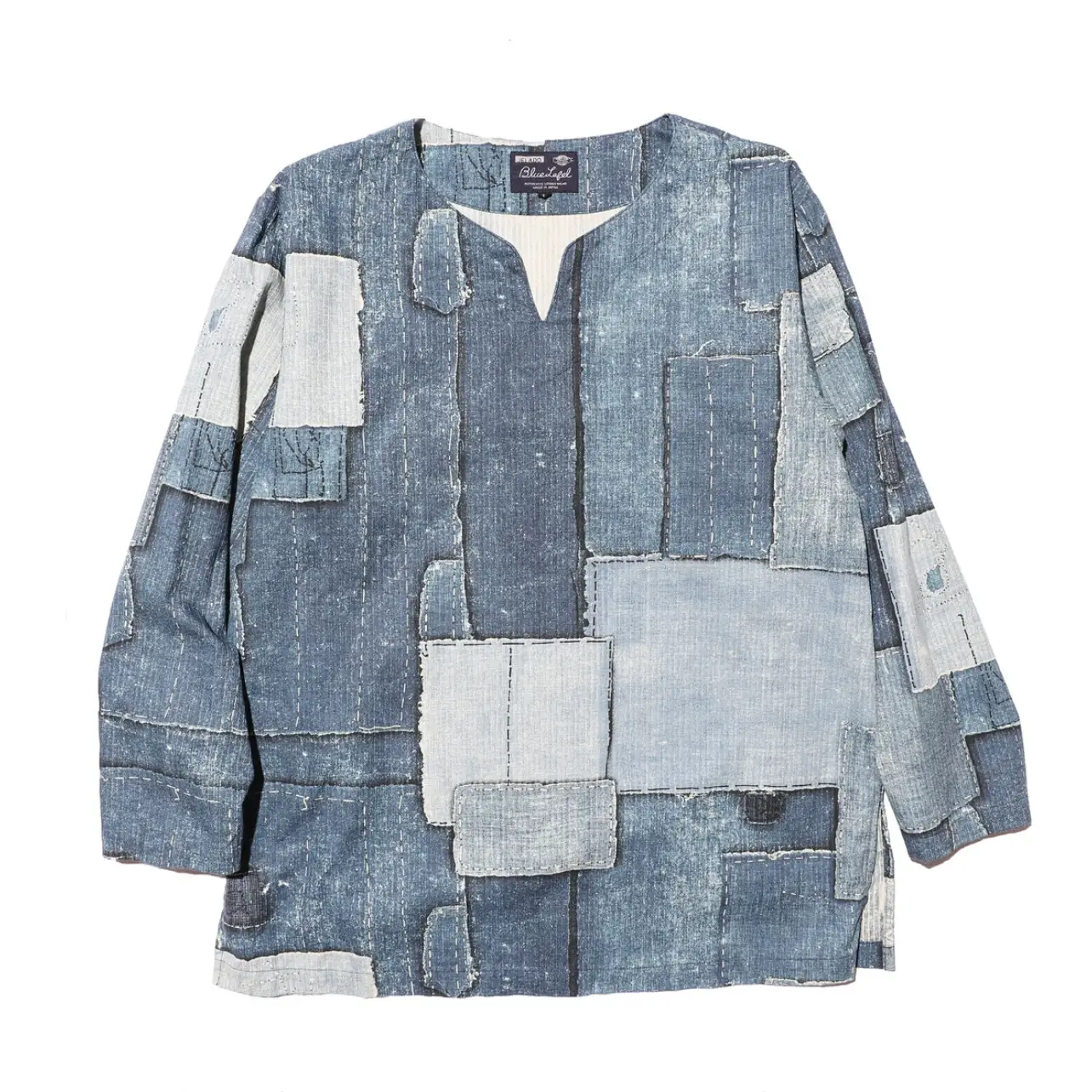 24AW JELADO Japanese retro men's and women's printed denim patchwork distressed collarless loose pullover long sleeved shirt
