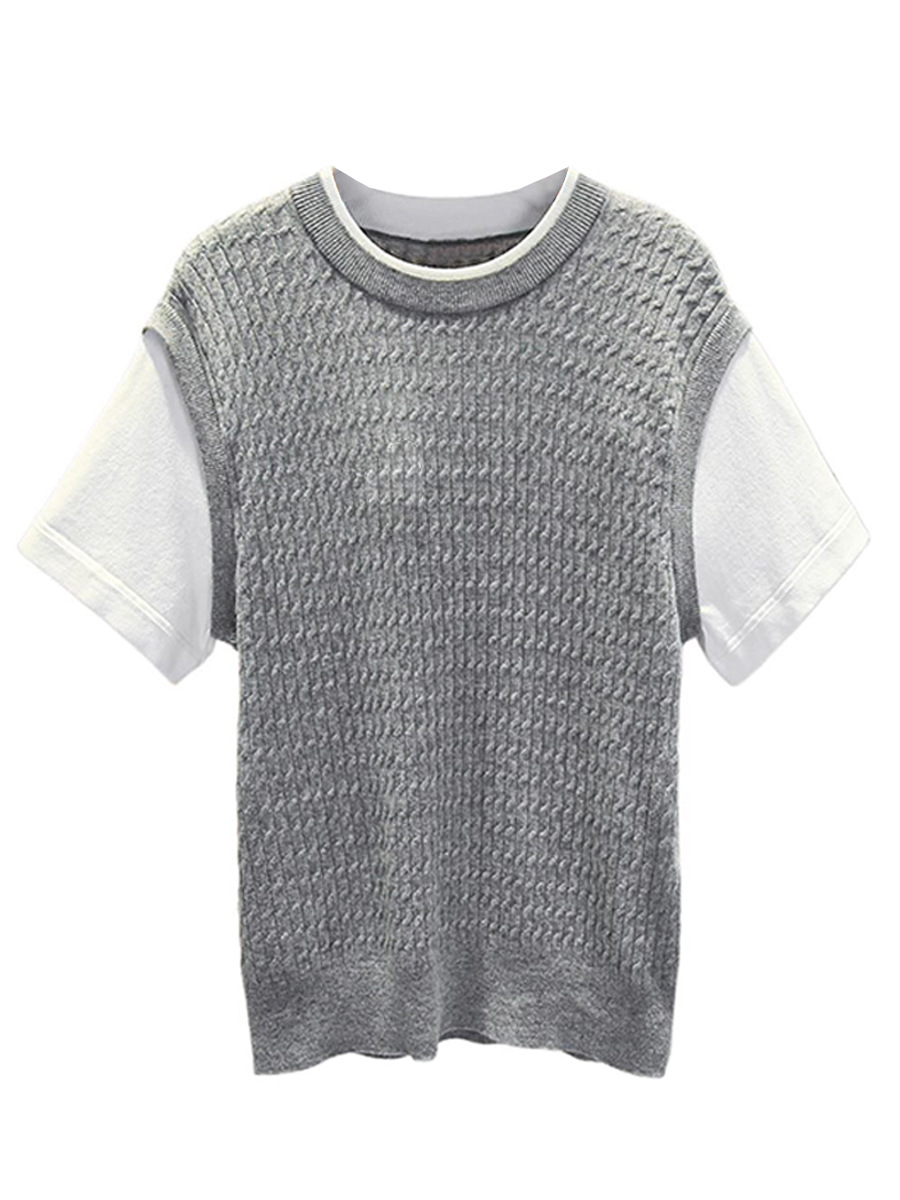 French Style S Home 2024 Early Autumn New Round Neck Fake Two-piece Knitted Shirt Women's Loose Twist Texture Contrast Color T-shirt