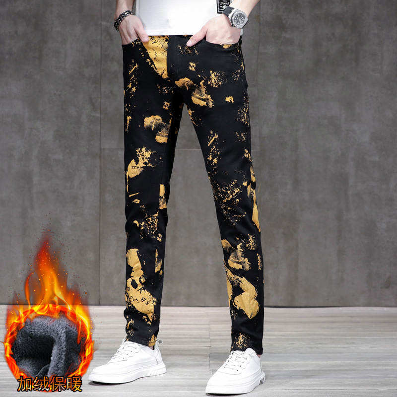 Trendy Brand Gold Printed Jeans Men's Personality Slim-fit Skinny Pants Street Trendy Youth Casual Stretch fleece-lined Pants Men