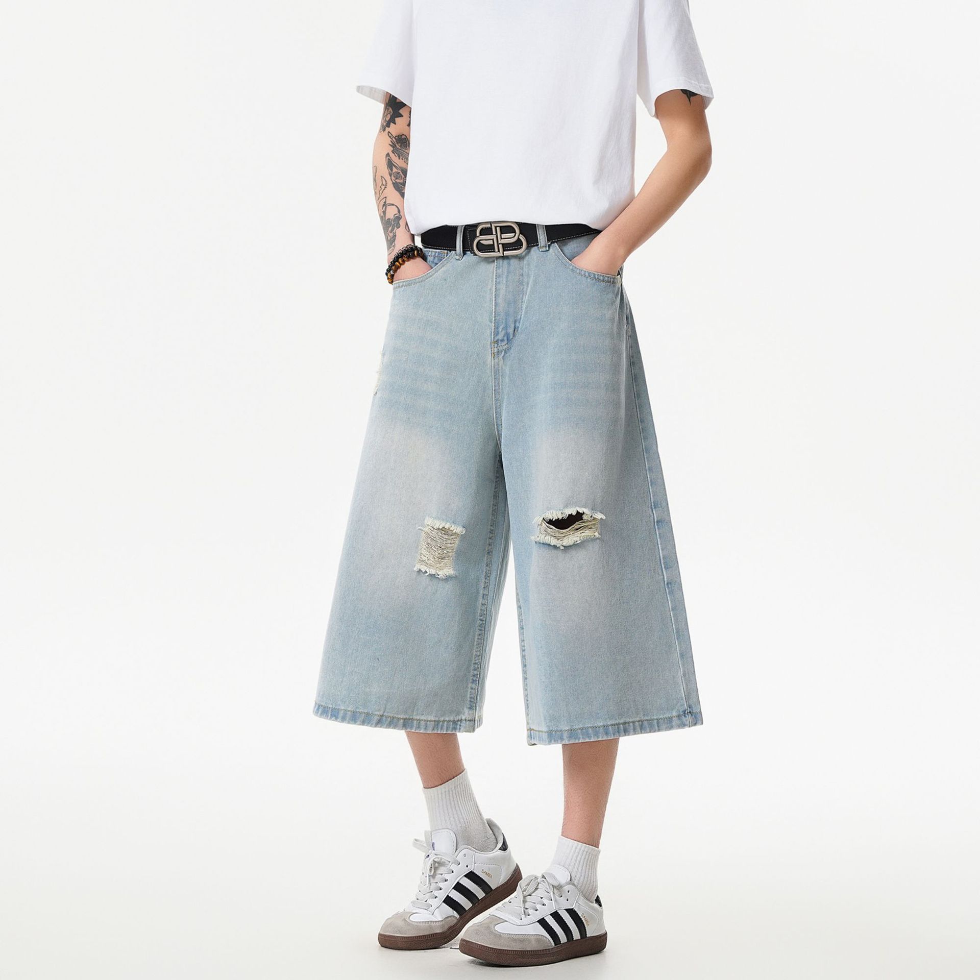 American-Style Street Ripped Denim Shorts for Men, New Summer Trendy Loose Straight-Leg Denim Shorts for Men