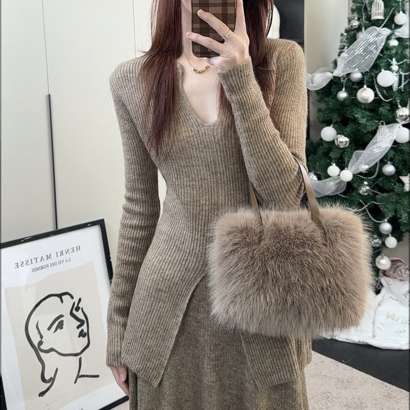 Kaning Elegant Slit Sweater and Skirt Two-Piece Set 2026 Autumn New Fashion Knitted Suit for Women