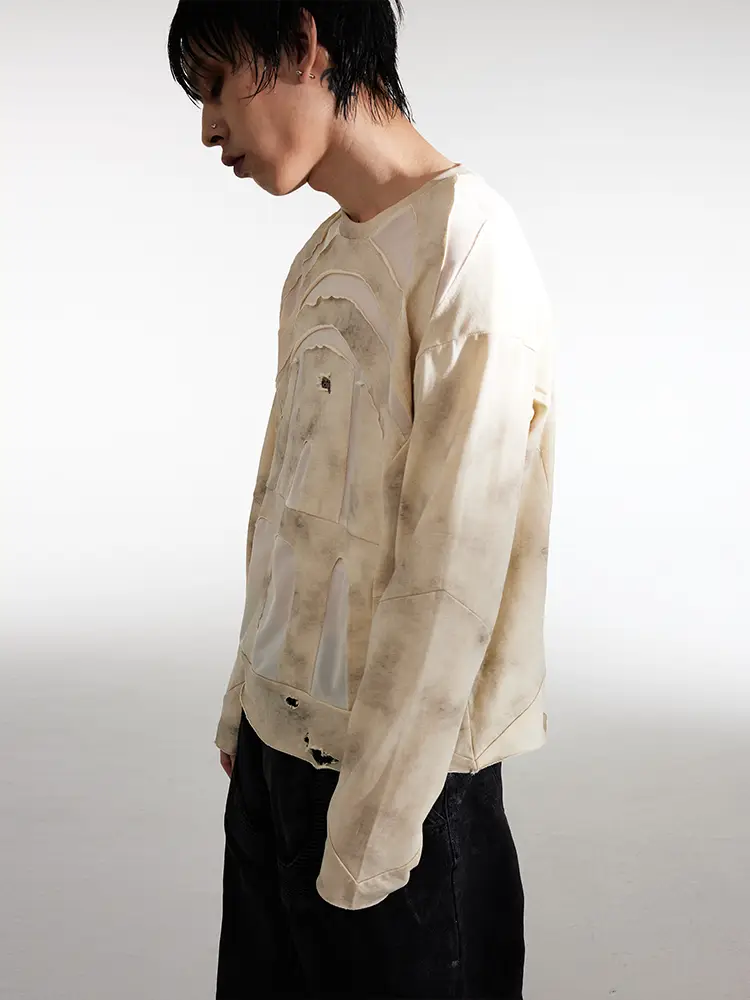 Night Lab (Nl) Is in a Church-Like Setting, with Apricot Color Blocking, Distressed Finish, Slightly Loose Fit, Round Neck, Long Sleeves