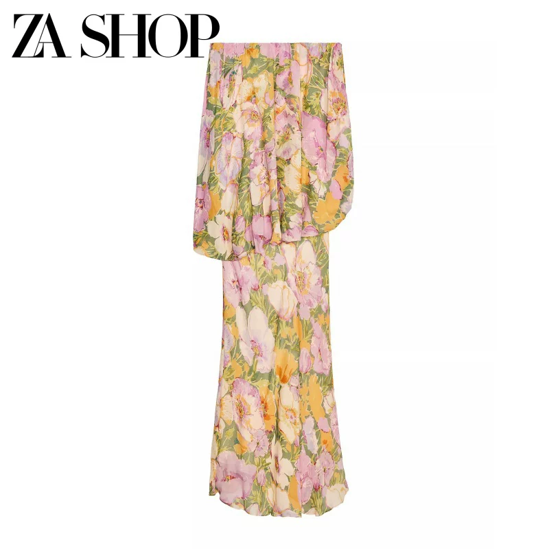 ZA 25 Summer New Product Women's Flower Printed Off Shoulder Straight Collar strapless Long Dress Midi Dress 3096152