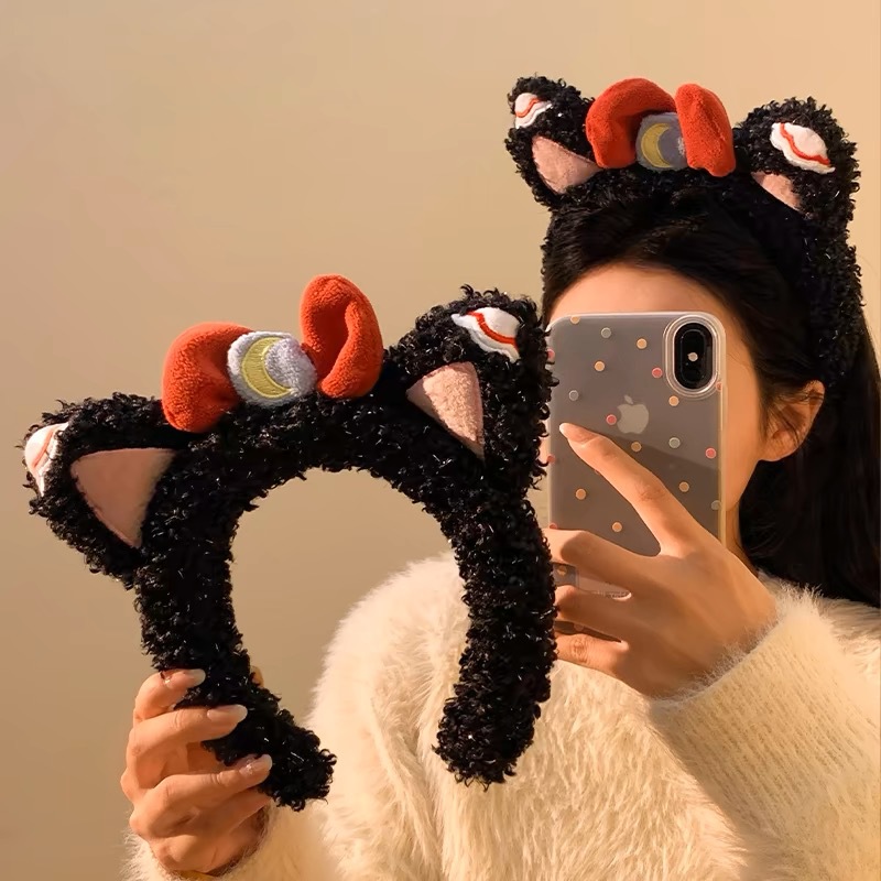 Sweet Cool Xiao Mao ~ Cute Black Cat Ear Bow Plush Hair Hoop for Women Hair Pressure Wash Hair Hoop Hair Accessories