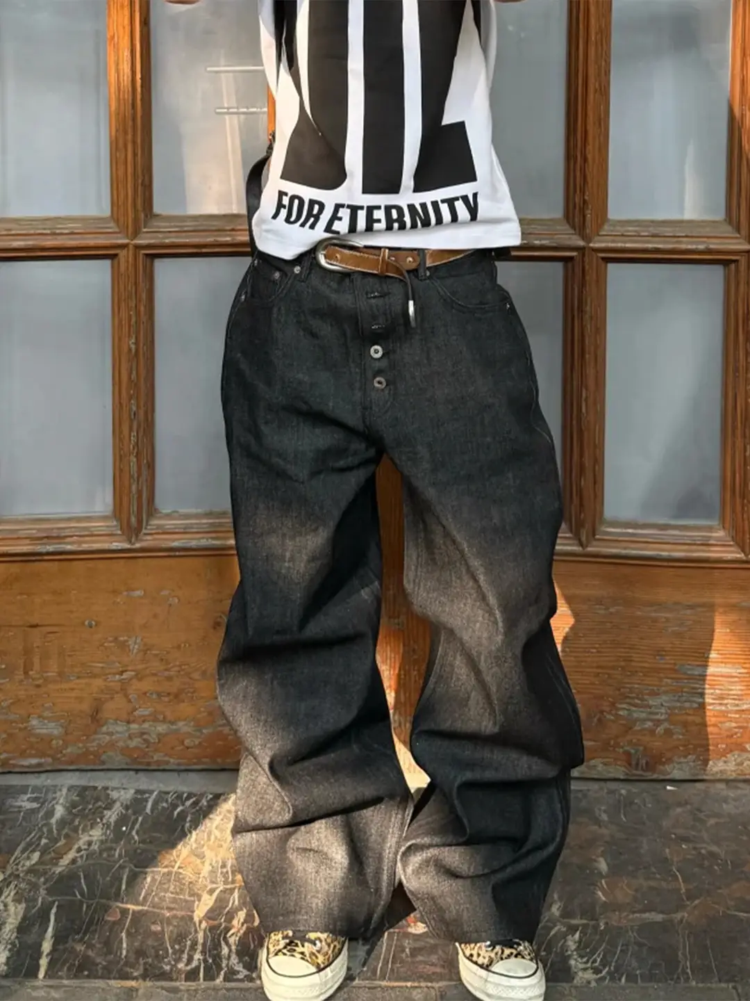 American Retro Button Scimitar Jeans for Men in Autum Street Silhouette Distressed Baggy Washed Wide Leg Pants Trendy