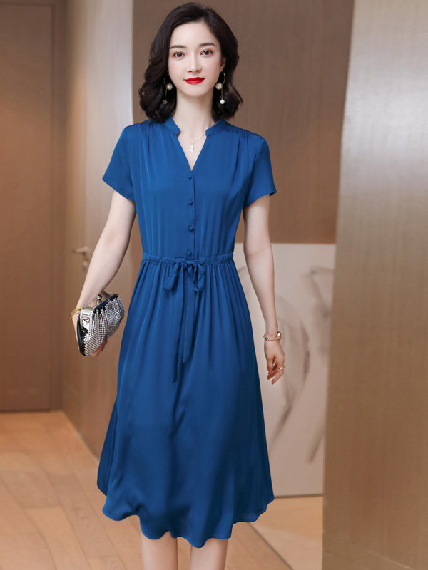 2320 Heavyweight Silk Dress Summer New Style Satin Mulberry Silk Solid Color V-Neck Short-Sleeved Mid-Length Dress