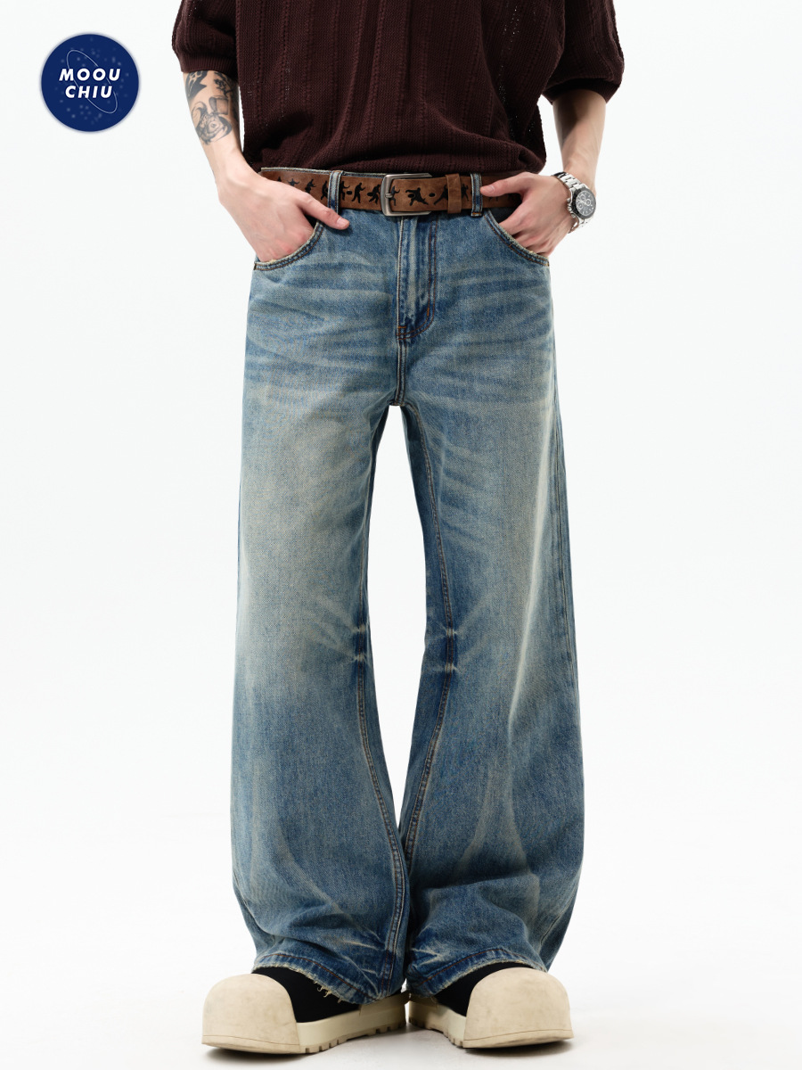 Muqiu Men's Wear | American-Style Vintage Washed Cleanfit Jeans for Men, Loose Straight-Leg Wide-Leg Casual Pants