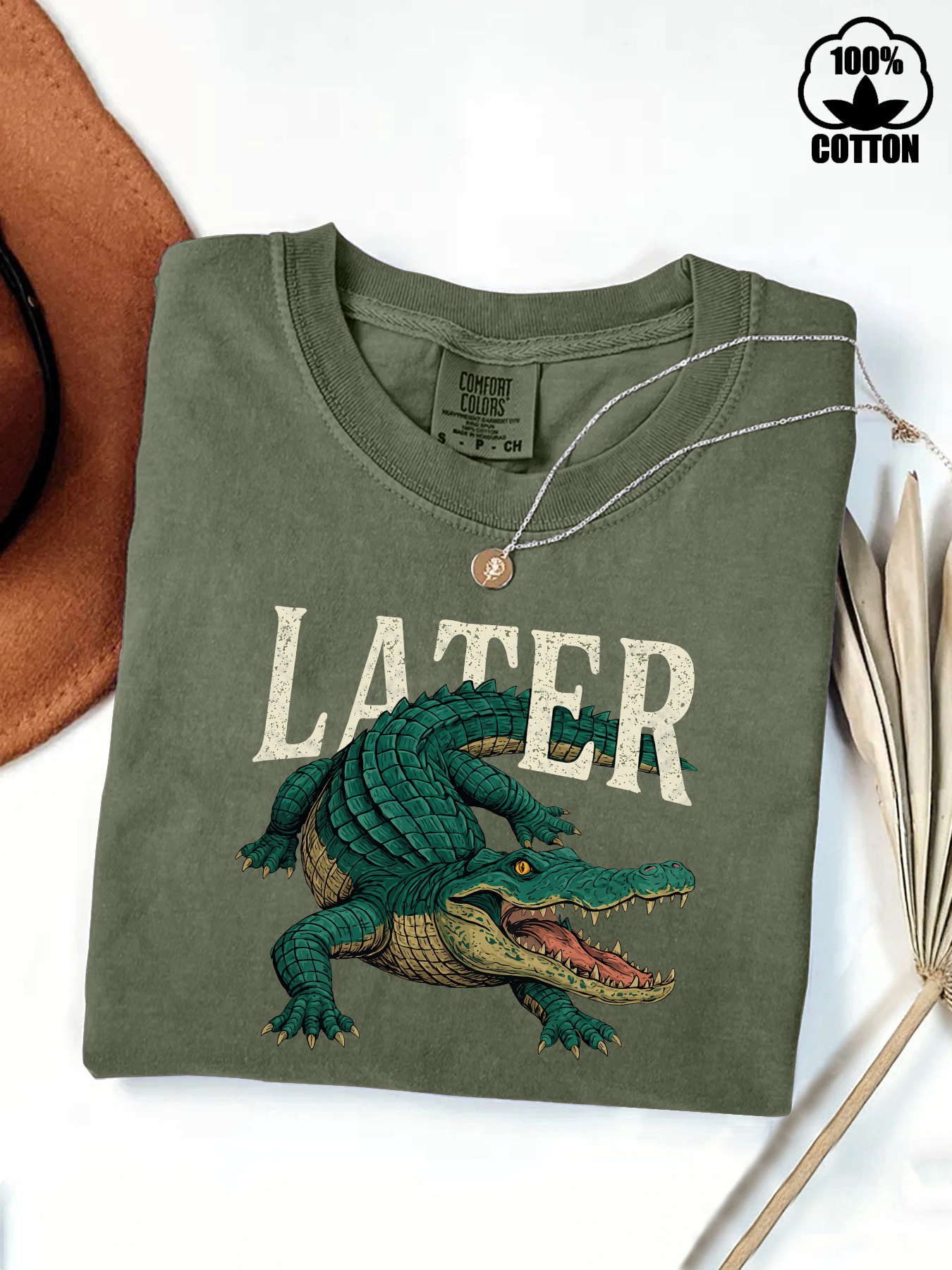 In-Stock European and American Style Round-Neck Pure Cotton Washed T-Shirt with the Slogan "See You Later, Crocodile!" for Women, Loose Fit, Short Sleeve, Export