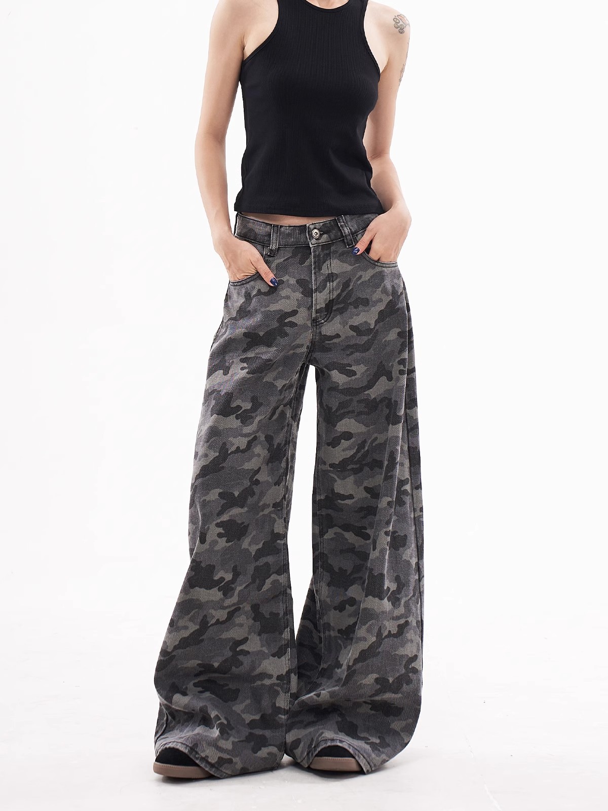 Camouflage High-Waisted Workwear Jeans for Women 2026 New Autumn and Winter American Style Simple Loose Wide-Leg Long Pants Trendy