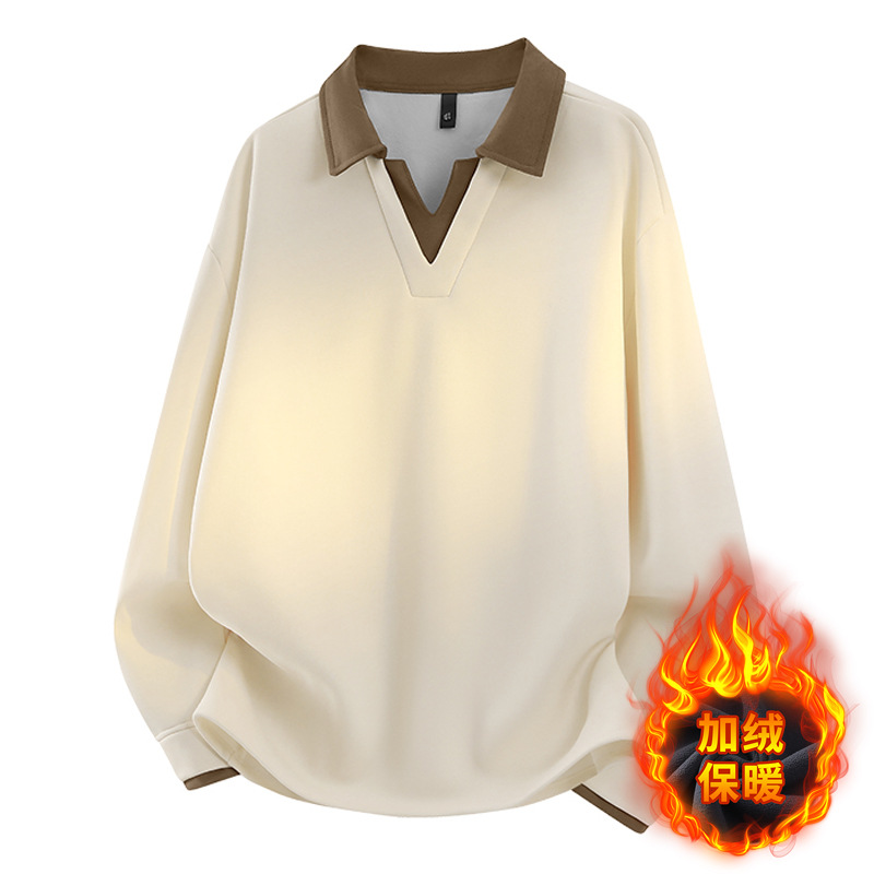 Cross-Border Fake Two-Piece Color-Blocked Turn-Down Collar Fleece Sweatshirt for Men, Autumn and Winter Retro Loose V-Neck Simple Long-Sleeve Polo Shirt