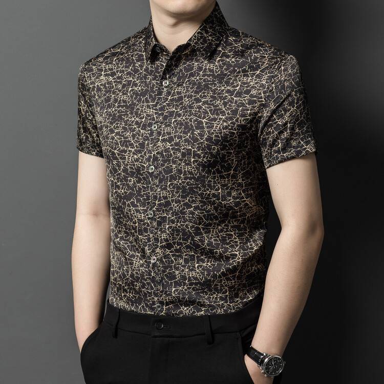 2024 Summer Mulberry Silk Men's Shirt High-End Light Luxury Fashion Middle-Aged Ice Silk Short Sleeve No-Iron Anti-Wrinkle Shirt